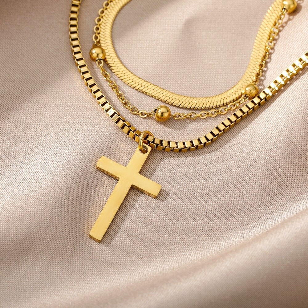 18K Gold Cross Necklace, Gold Layered Necklace, Christian Fashion Necklace for Women, Gift for Her