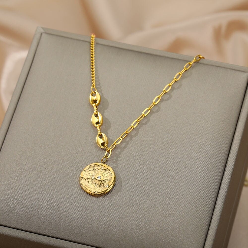 Organic Sun Coin Charm, 18K Gold Sun Coin Necklace, Sun Fashion Necklace for Women, Gift for Her