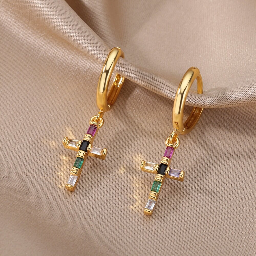 Crystal Cross Drop Earrings, 18K Gold Cross Earrings, Multicolor Cross Earrings for Women, Gift for Her
