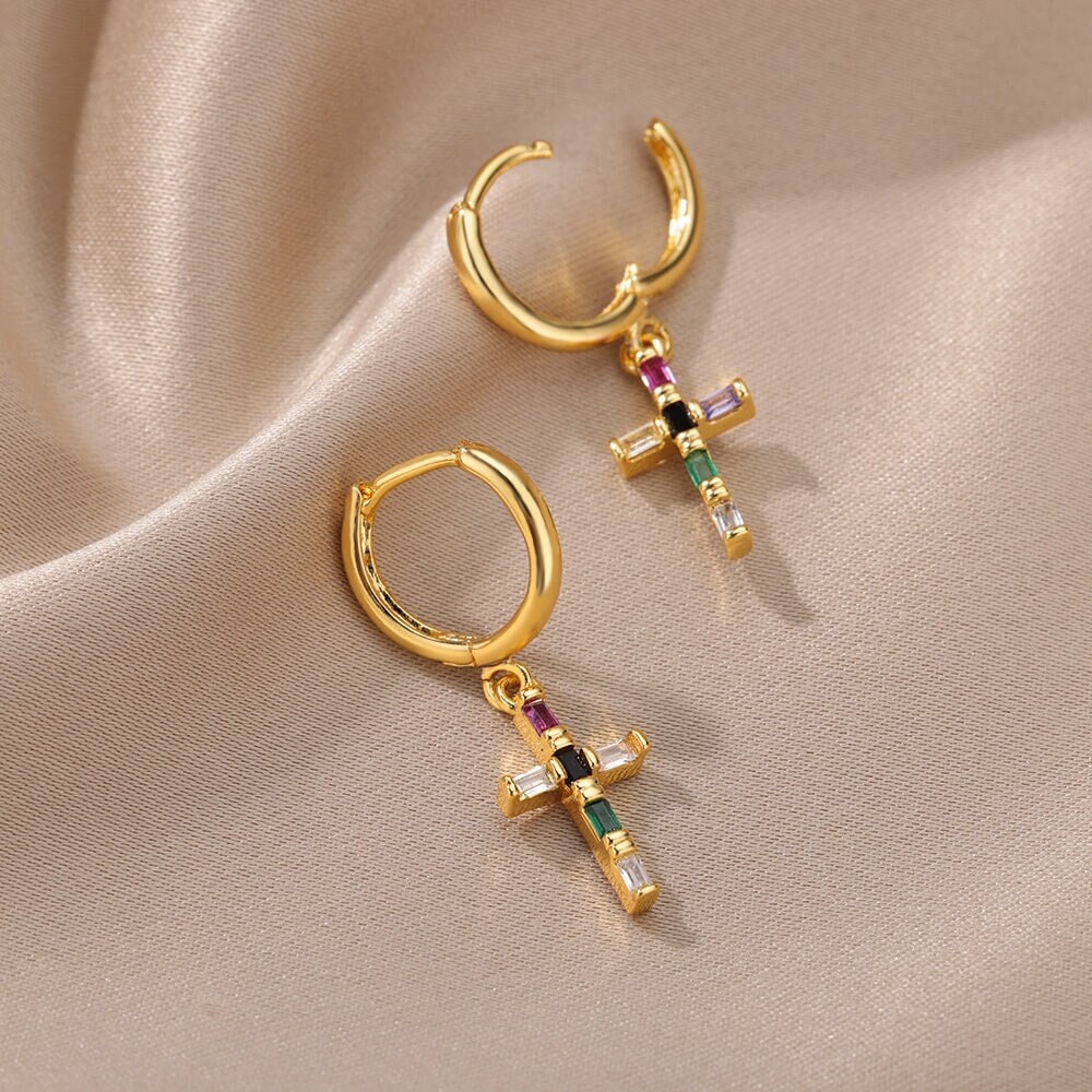 Crystal Cross Drop Earrings, 18K Gold Cross Earrings, Multicolor Cross Earrings for Women, Gift for Her