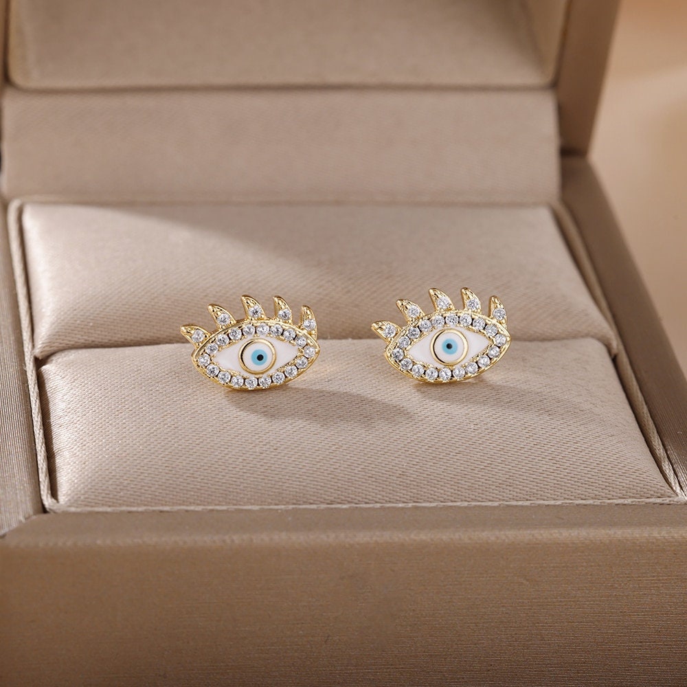 Gothic Evil Eye Earrings, Evil Eye Stud Earrings, 18K Gold Evil Eye Earrings for Women, Gift for Her