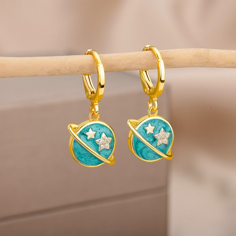 Enamel Planet Earrings, 18K Gold Planet Earrings, Celestial Earrings. Cosmic Earrings for Women, Gift for Her