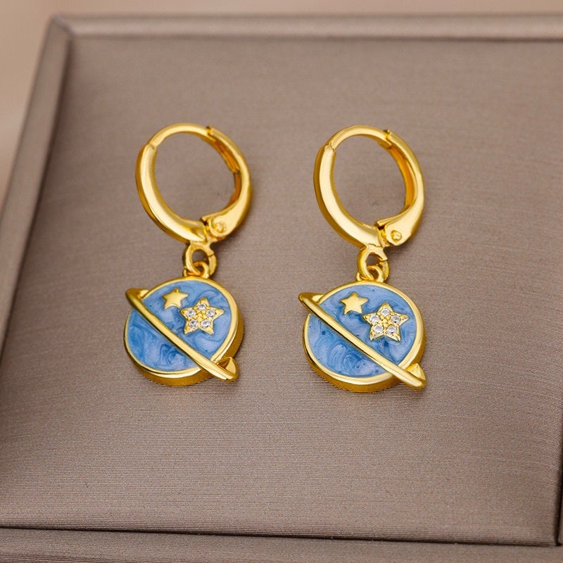 Enamel Planet Earrings, 18K Gold Planet Earrings, Celestial Earrings. Cosmic Earrings for Women, Gift for Her