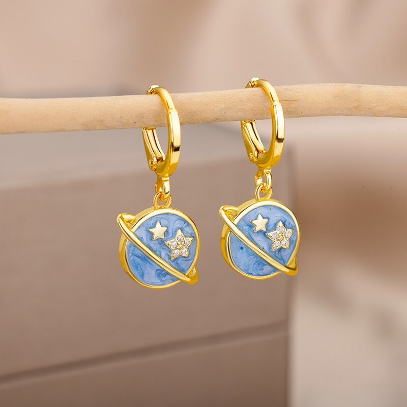 Enamel Planet Earrings, 18K Gold Planet Earrings, Celestial Earrings. Cosmic Earrings for Women, Gift for Her