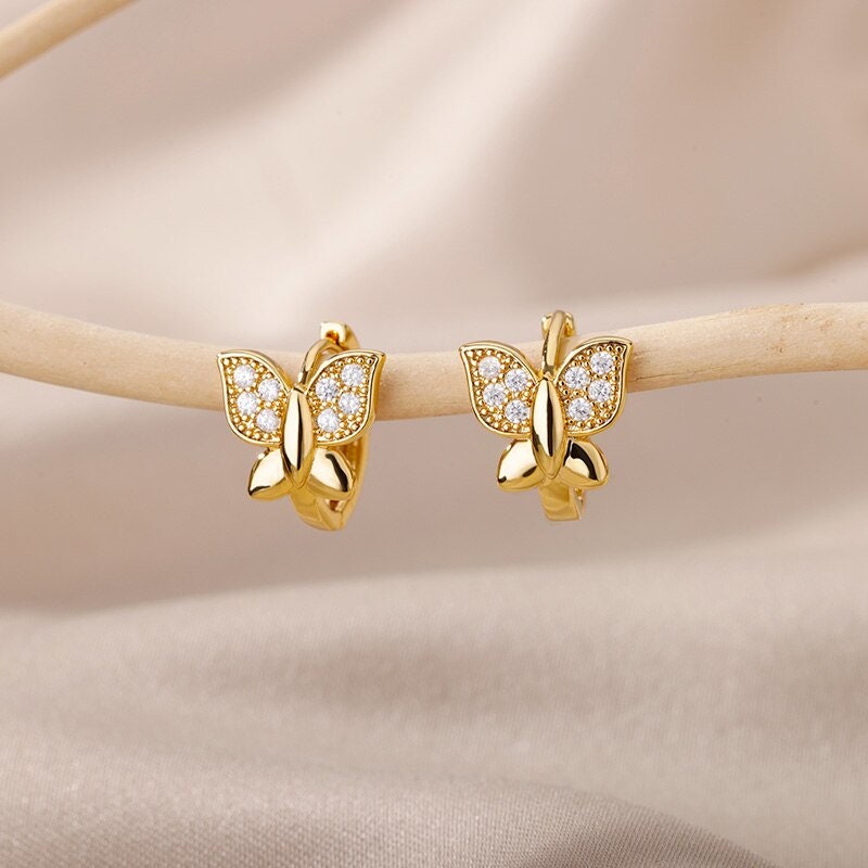 18K Gold Butterfly Earrings, Delicate Butterfly Earrings, Crystal Butterfly Drop Earrings for Women, Gift for Her