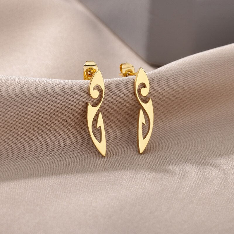 Tribal Drop Earrings, 18K Gold Tribal Style Earrings, Tribal Symbol Earrings for Women, Gift for Her