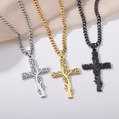 18K Gold Cross Necklace, Gold Nature Necklace, Christian Necklace for Women, Gift for Her