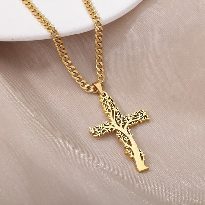 18K Gold Cross Necklace, Gold Nature Necklace, Christian Necklace for Women, Gift for Her