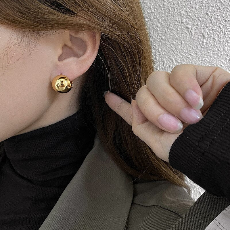 Large Ball Stud Earrings, 18K Gold Ball Earrings, Italian Style Ball Earrings, Fashion Earrings for Women, Gift for Her