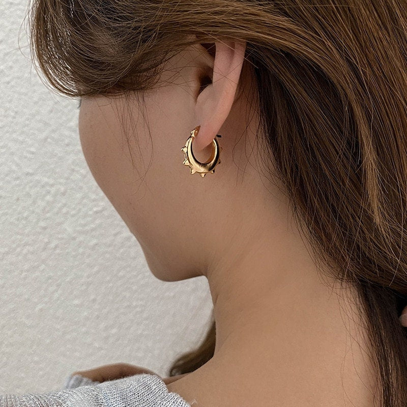 Punk Spiked Earrings, 18K Gold Spike Earrings, Spike Hoop Earrings, Punk Fashion Earrings for Women, Gift for Her