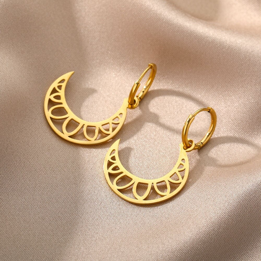 Moon Drop Earrings, 18K Gold Moon Hoop Earrings, Celestial Earrings for Women, Gift for Her