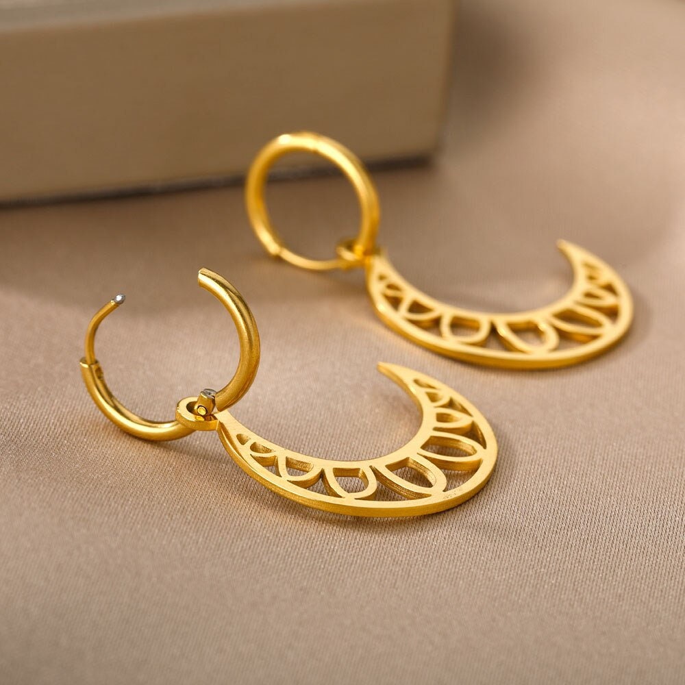 Moon Drop Earrings, 18K Gold Moon Hoop Earrings, Celestial Earrings for Women, Gift for Her