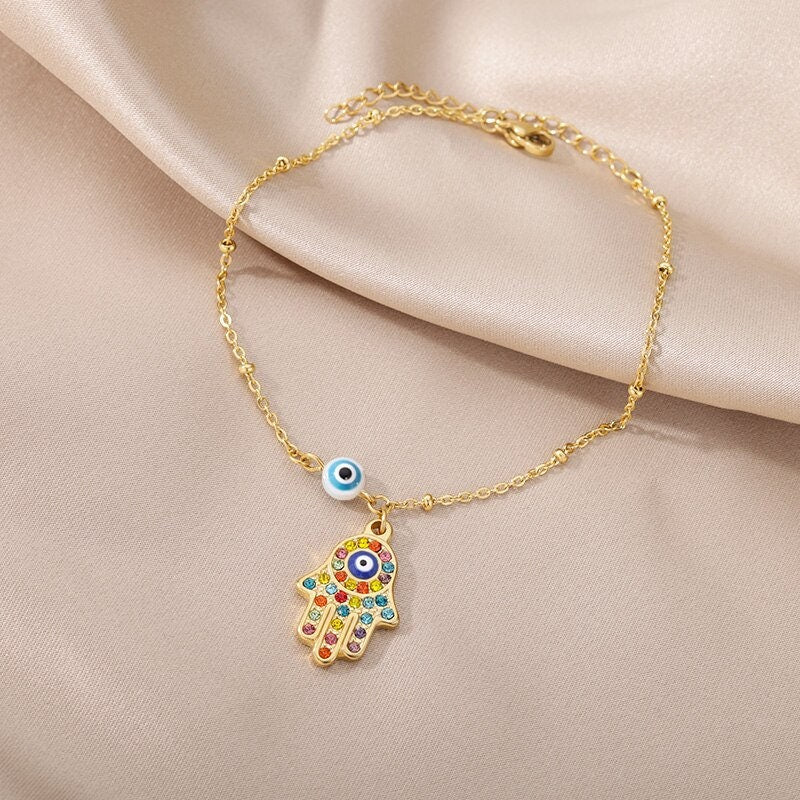 18K Gold Evil Eye Bracelet, Gothic Evil Eye, Fatima Bracelet, Hamsa Bracelet for Women, Gift for Her