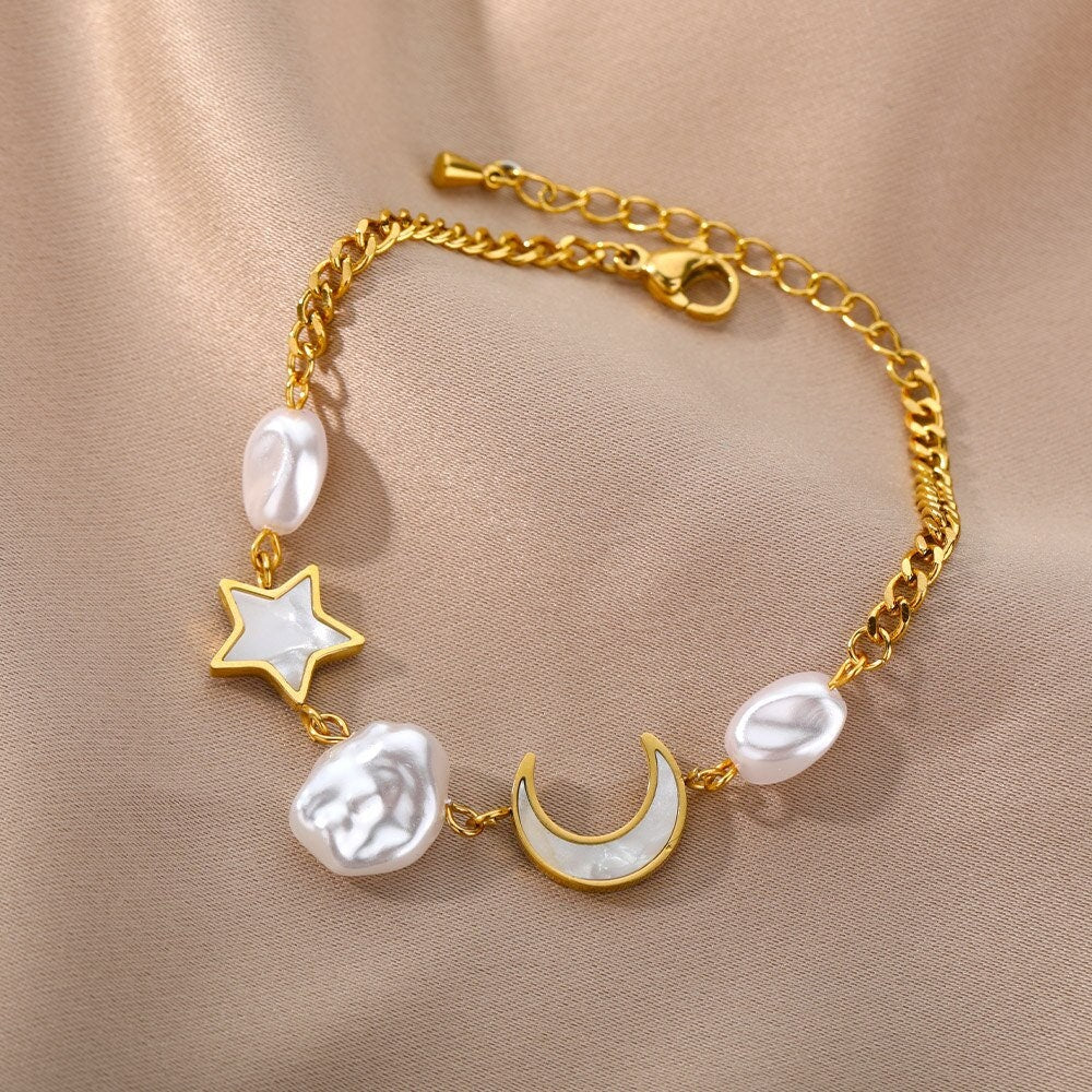 18K Gold Opal Bracelet, Good Moon Bracelet, Opal Moon Bracelet, Moon Bracelet for Women, Gift for Her