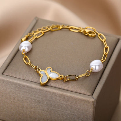 18K Gold Pearl Bracelet, Opal Bracelet, Butterfly Opal Bracelet for Women, Gift for Her