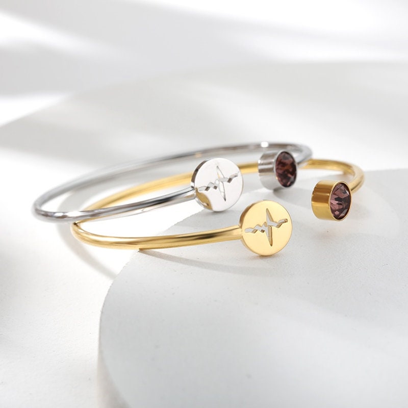 Birthstone Bangle, 18K Gold Birthstone Bracelet, Heart beat bracelet, Birthstone Bracelet for Women, Gift for Her