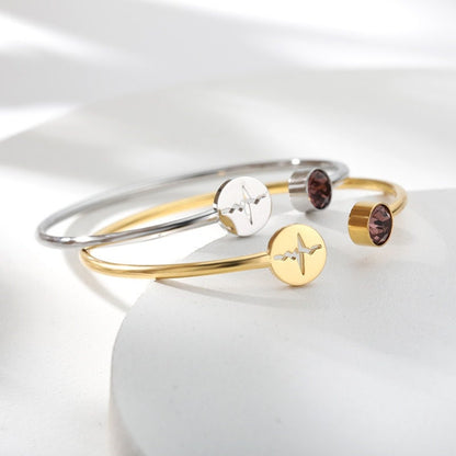 Birthstone Bangle, 18K Gold Birthstone Bracelet, Heart beat bracelet, Birthstone Bracelet for Women, Gift for Her