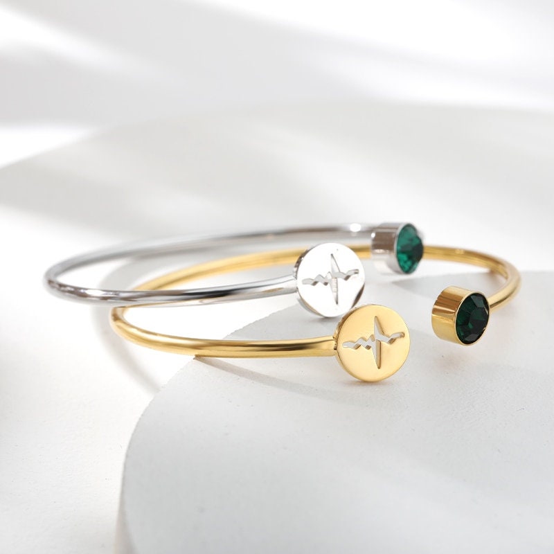 Birthstone Bangle, 18K Gold Birthstone Bracelet, Heart beat bracelet, Birthstone Bracelet for Women, Gift for Her