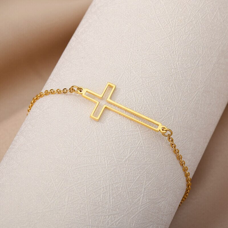 18K Gold Cross Bracelet, Gold Jesus Bracelet, Christian Bracelet for Women, Gift for Her