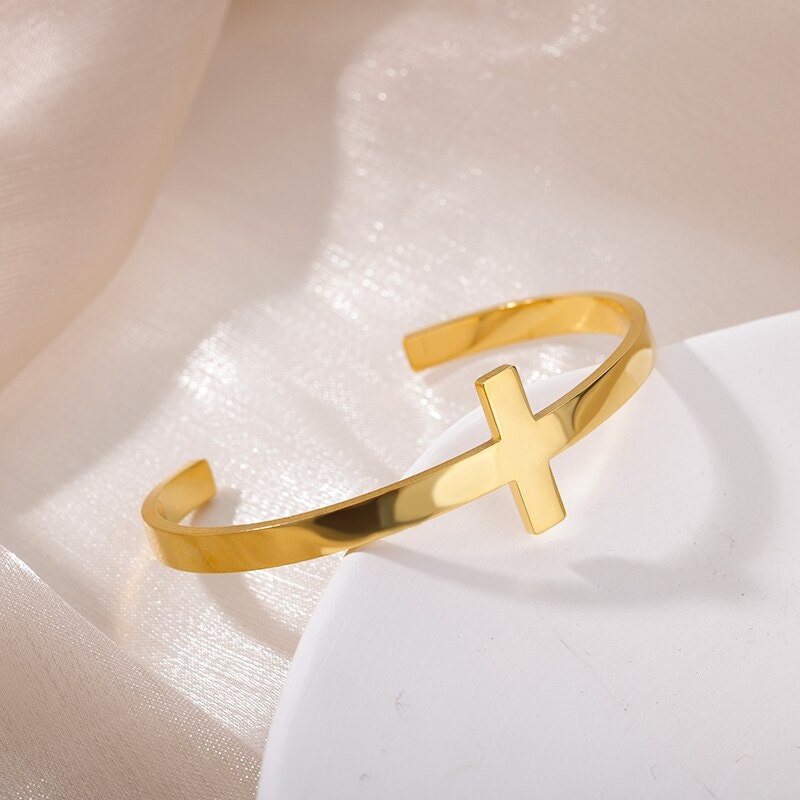 18K Gold Cross Bangle, Gold Jesus Bangle, Christian Bracelet, Christian Bangle for Women, Gift for Her