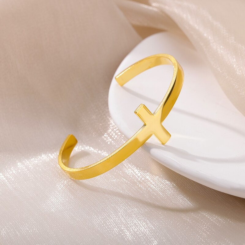 18K Gold Cross Bangle, Gold Jesus Bangle, Christian Bracelet, Christian Bangle for Women, Gift for Her