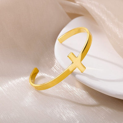 18K Gold Cross Bangle, Gold Jesus Bangle, Christian Bracelet, Christian Bangle for Women, Gift for Her