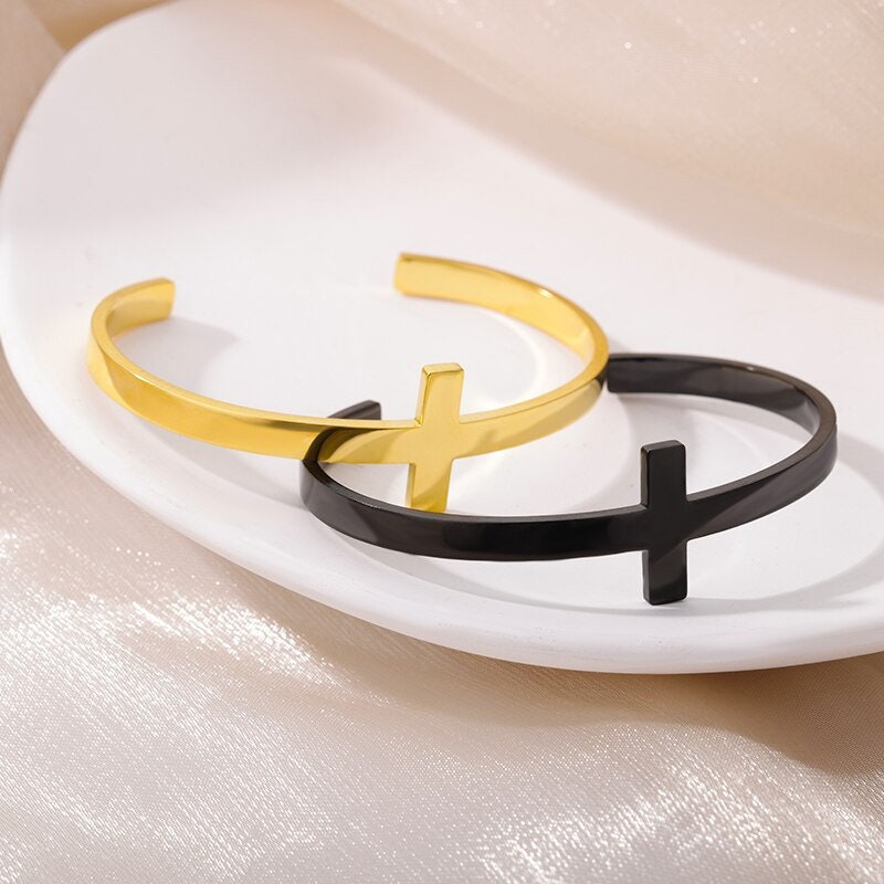 18K Gold Cross Bangle, Gold Jesus Bangle, Christian Bracelet, Christian Bangle for Women, Gift for Her