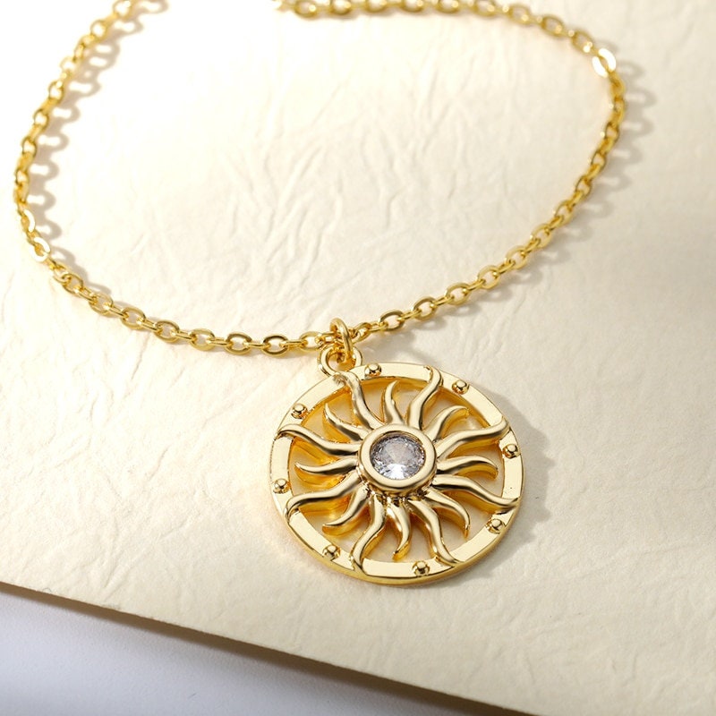 18K Gold Sun Charm Pendant, Gold Sun Necklace, Gothic Sun Necklace for Women, Gift for Her