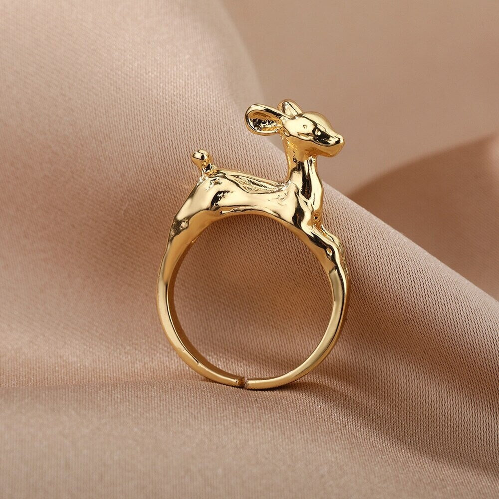 Punk Deer Ring, Dainty Deer Ring, 18K Gold Deer Ring, Bambi Ring, Punk Fashion Ring for Women, Gift for Her