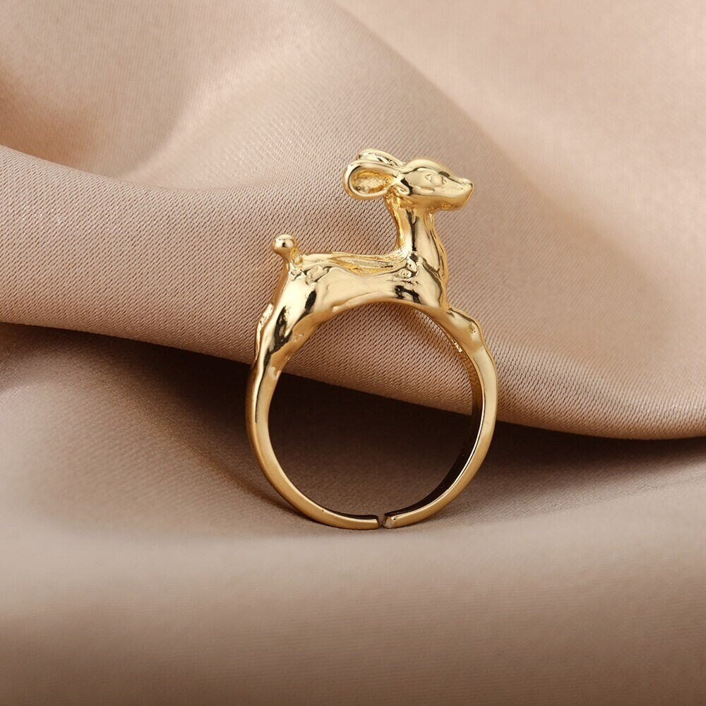 Punk Deer Ring, Dainty Deer Ring, 18K Gold Deer Ring, Bambi Ring, Punk Fashion Ring for Women, Gift for Her