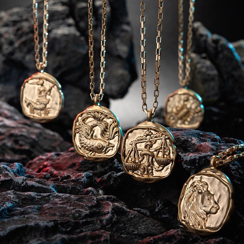 18K Gold Horoscope Coin Charm, Organic Horoscope Coin, Gold Horoscope Necklace, Constellation Necklace for Women, Gift for Her