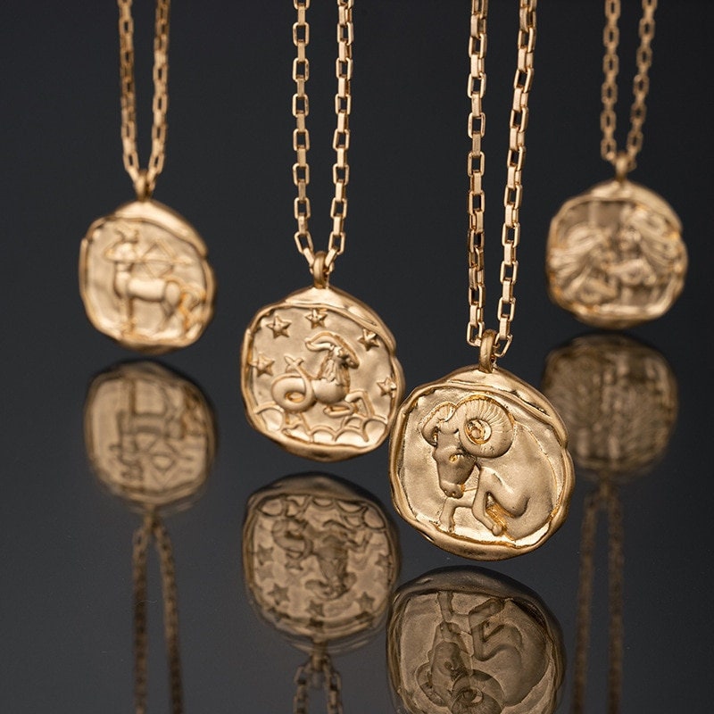 18K Gold Horoscope Coin Charm, Organic Horoscope Coin, Gold Horoscope Necklace, Constellation Necklace for Women, Gift for Her