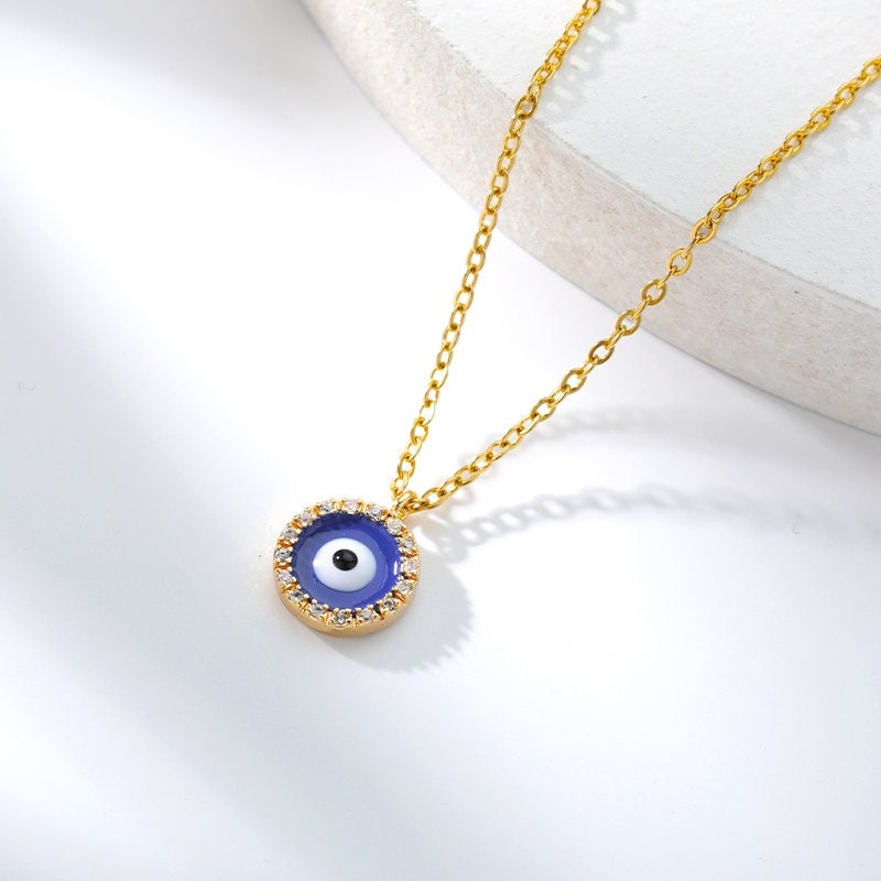 18K Gold Evil Eye Necklace, Blue Evil Eye, Gothic Evil Eye Fashion Necklace for Women, Gift for Her