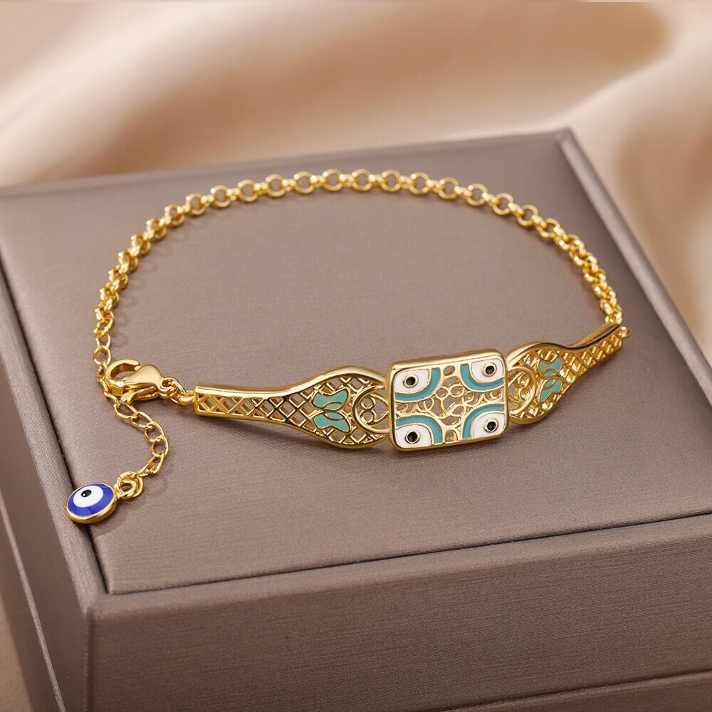 18K Gold Plated Handmade Blue Evil Eye Charm Bracelet, Protection Evil Eye Turkish Evil Eye Chain Bracelet, Gift for Her