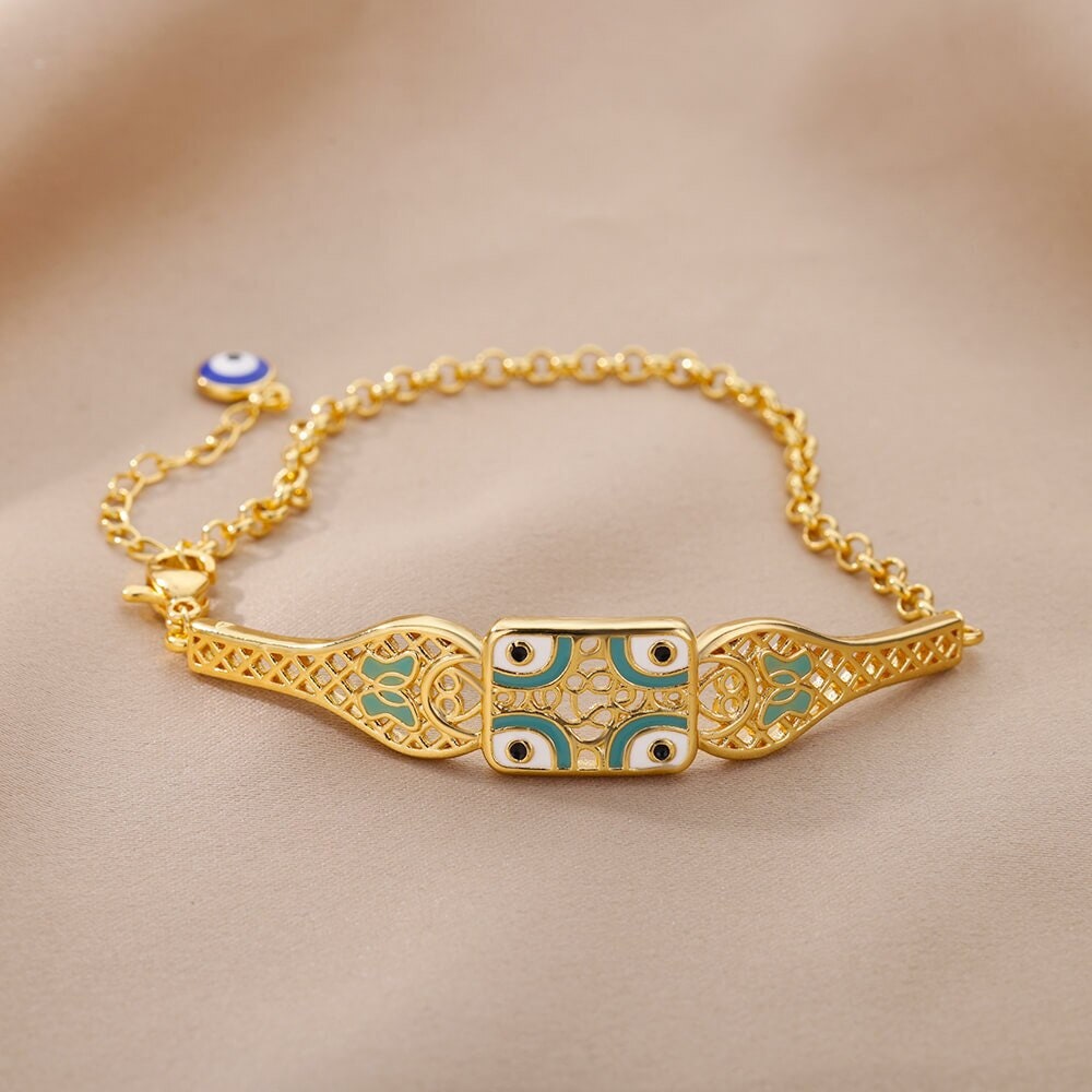 18K Gold Plated Handmade Blue Evil Eye Charm Bracelet, Protection Evil Eye Turkish Evil Eye Chain Bracelet, Gift for Her