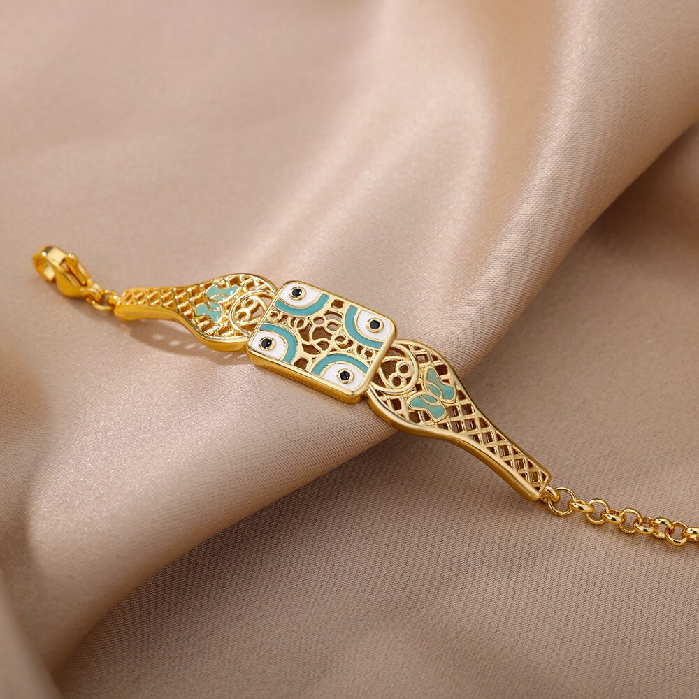 18K Gold Plated Handmade Blue Evil Eye Charm Bracelet, Protection Evil Eye Turkish Evil Eye Chain Bracelet, Gift for Her