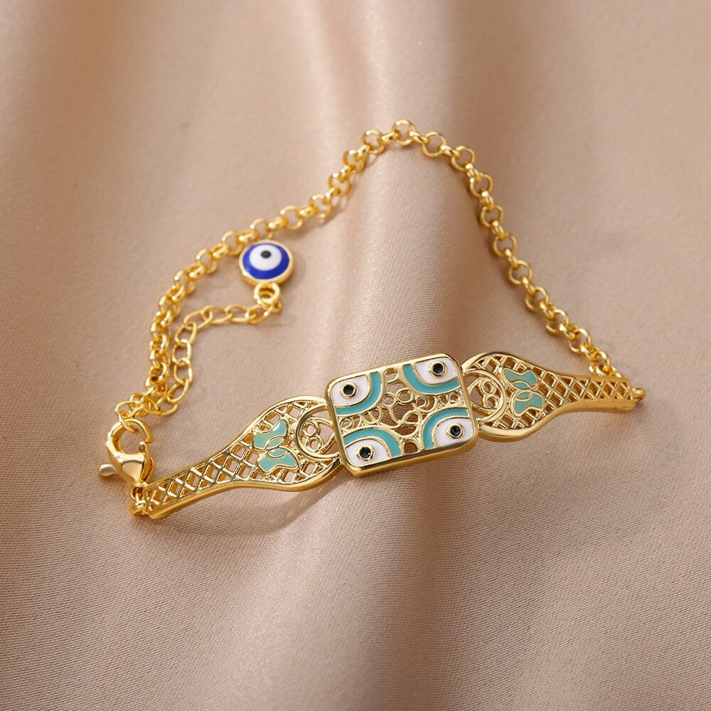18K Gold Plated Handmade Blue Evil Eye Charm Bracelet, Protection Evil Eye Turkish Evil Eye Chain Bracelet, Gift for Her