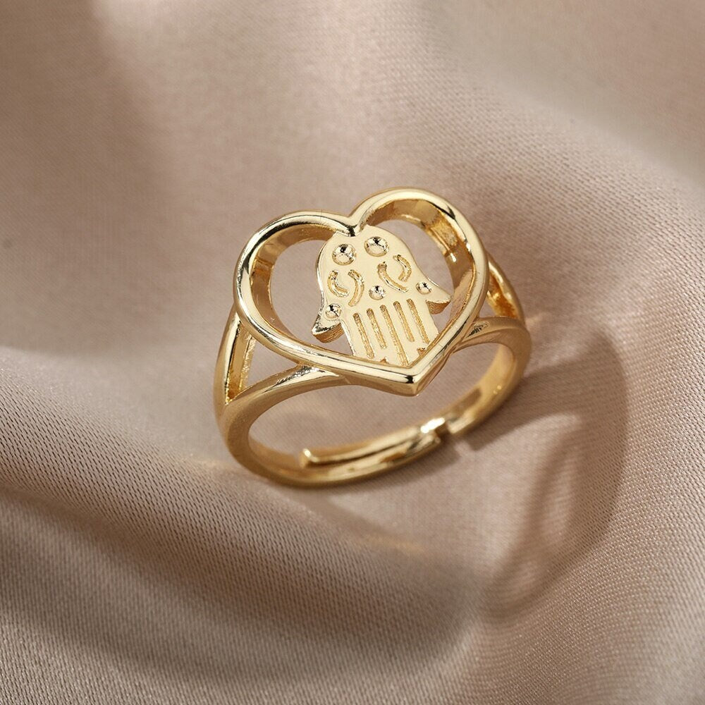 Punk Hamsa Hand Heart, 18K Gold Gothic Stackable Ring, Dainty Minimalist Jewelry, Delicate Handmade for Women, Gift for Her