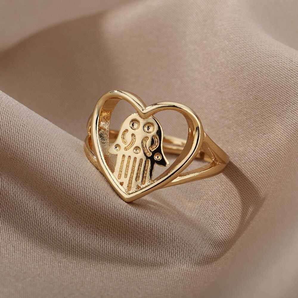 Punk Hamsa Hand Heart, 18K Gold Gothic Stackable Ring, Dainty Minimalist Jewelry, Delicate Handmade for Women, Gift for Her