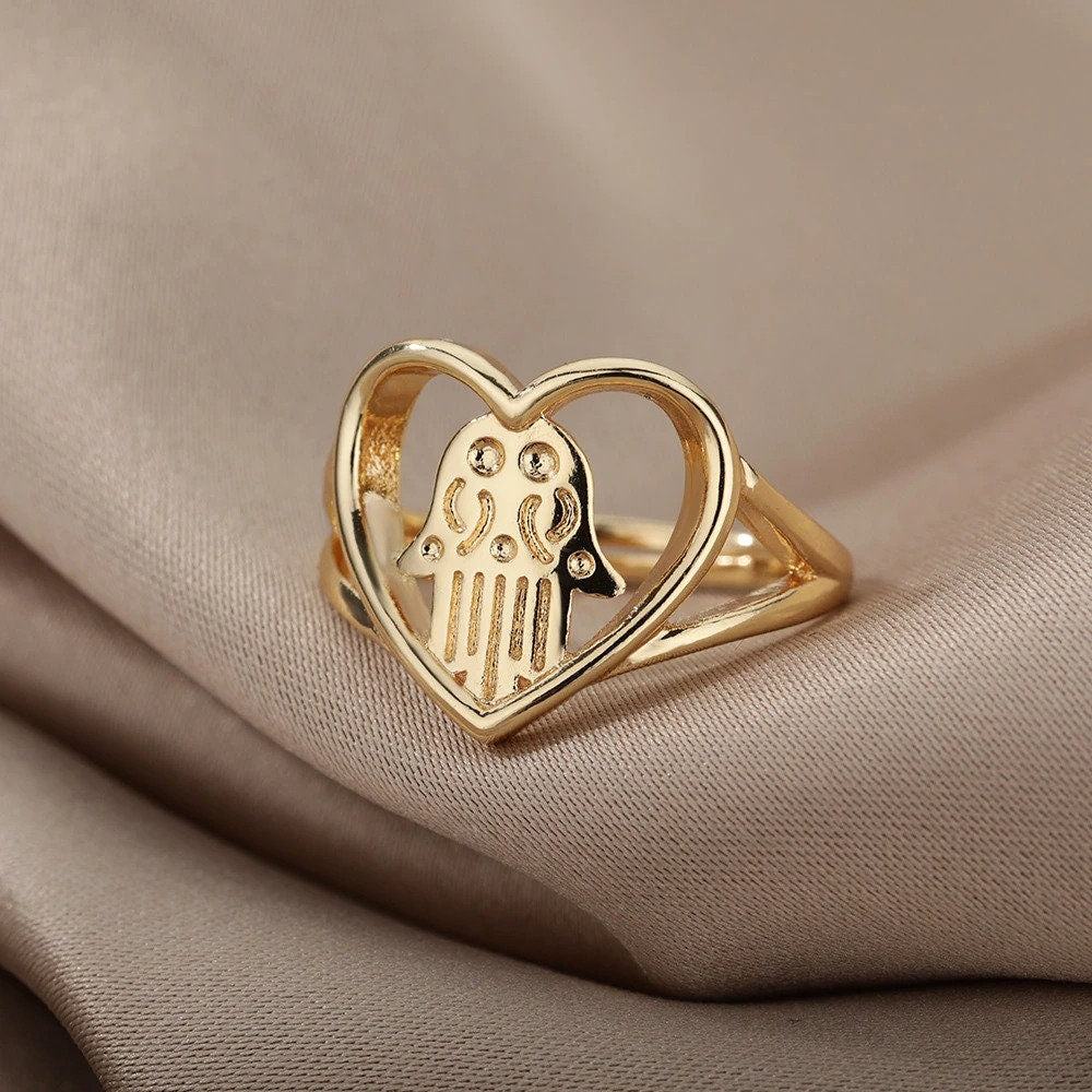 Punk Hamsa Hand Heart, 18K Gold Gothic Stackable Ring, Dainty Minimalist Jewelry, Delicate Handmade for Women, Gift for Her