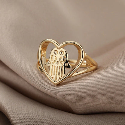 Punk Hamsa Hand Heart, 18K Gold Gothic Stackable Ring, Dainty Minimalist Jewelry, Delicate Handmade for Women, Gift for Her