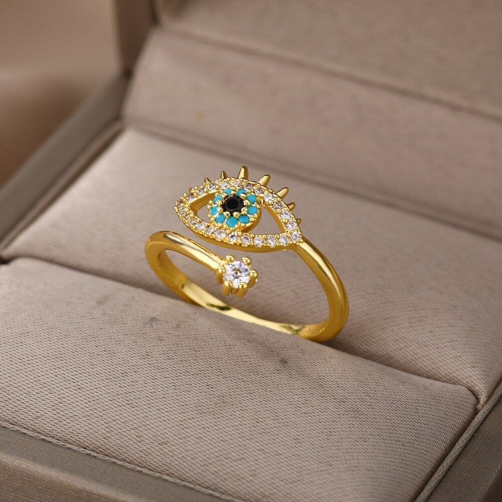 Gothic Evil Eye Ring, Crystal Evil Eye Ring, 18K Gold Evil Eye Ring, Evil Eye Fashion Ring for Women, Gift for Her