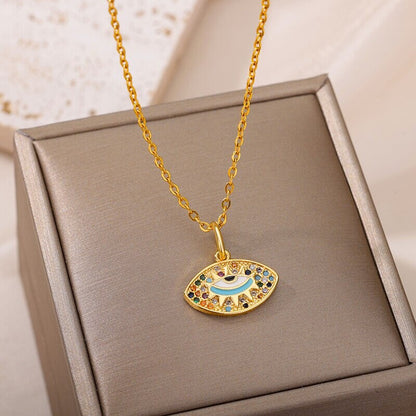 Evil Eye Charm, 18K Gold Evil Eye Necklace, Gothic Fashion Necklace for Women, Gift for Her