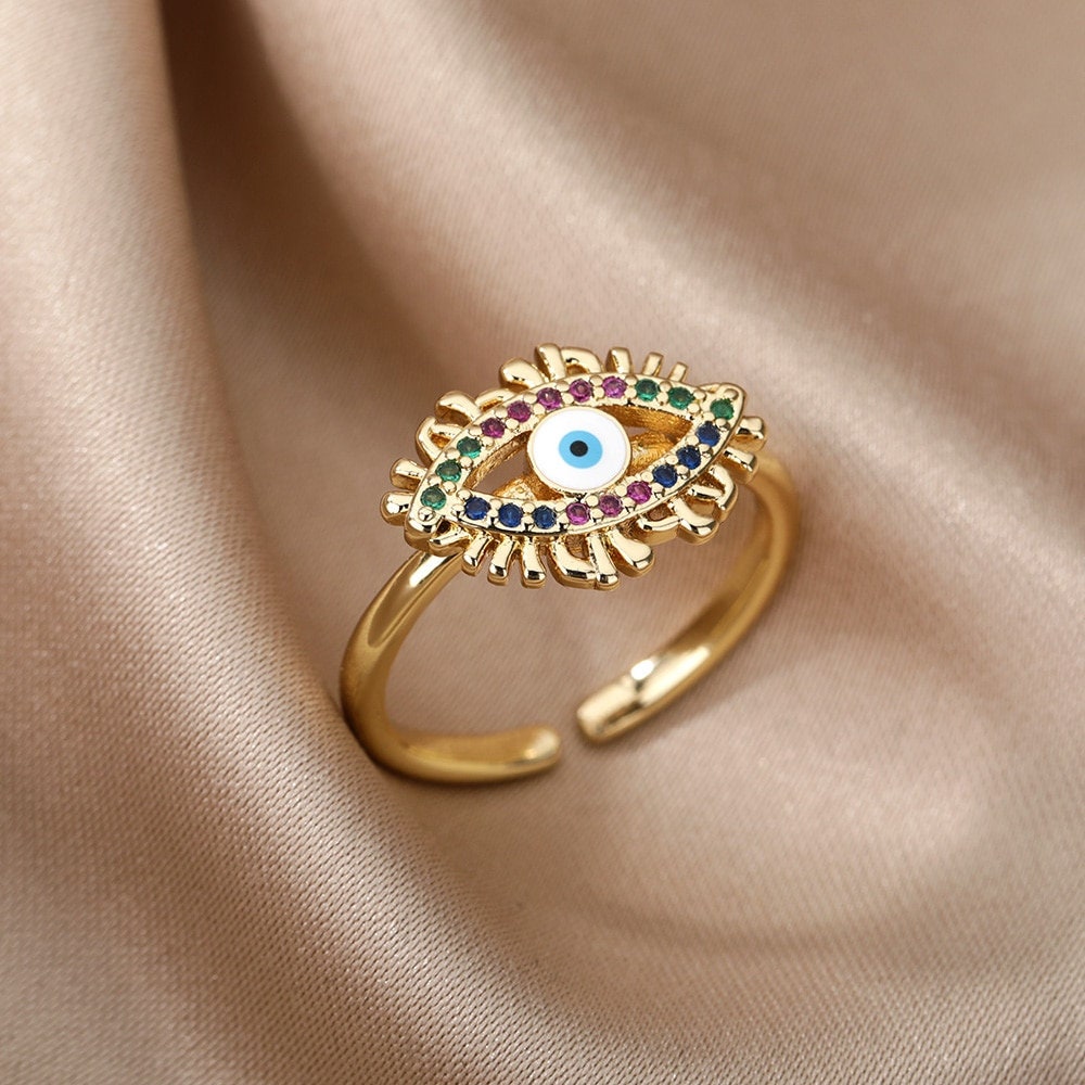 Gothic Evil Eye Ring, 18K Gold Evil Eye Ring, Gothic Sun Ring, Multicolor Evil Eye Ring, Fashion Ring for Women, Gift for Her