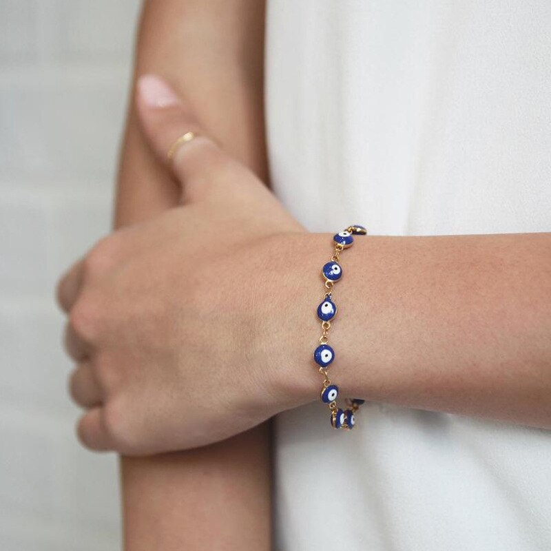 18K Gold Plated Handmade Dainty Evil Eye Bead Bracelet, Minimalistic Protection Blue Evil Eye Charm Thin Bracelet, Gift for Her