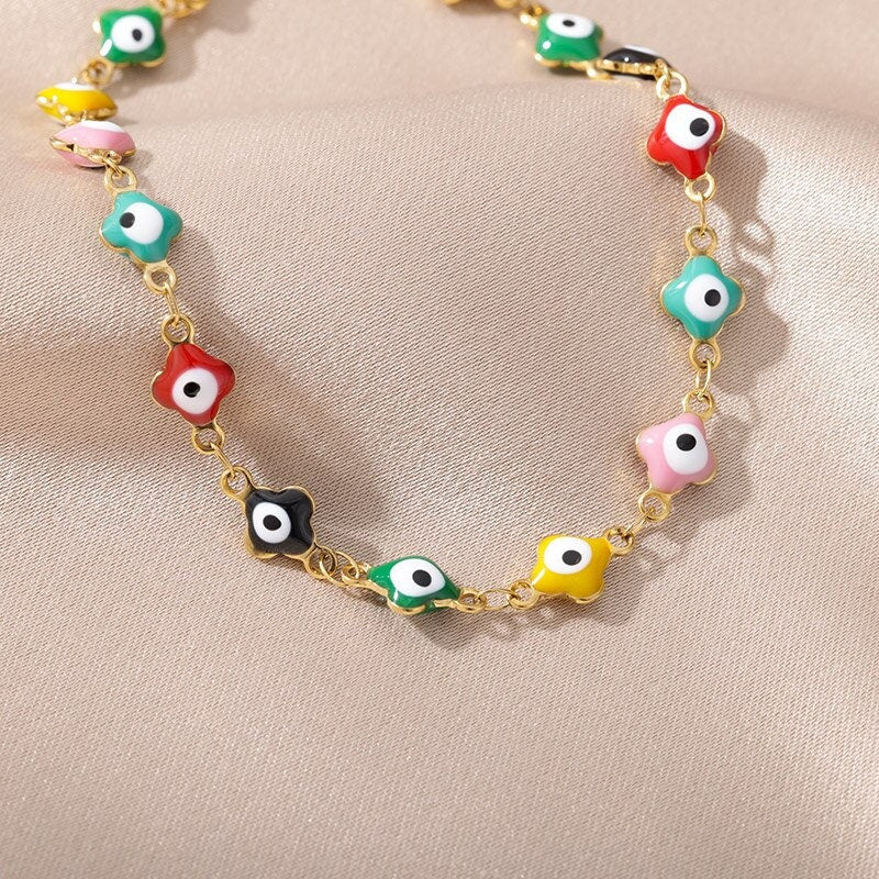 18K Gold Plated Handmade Dainty Evil Eye Bead Bracelet, Minimalistic Protection Blue Evil Eye Charm Thin Bracelet, Gift for Her