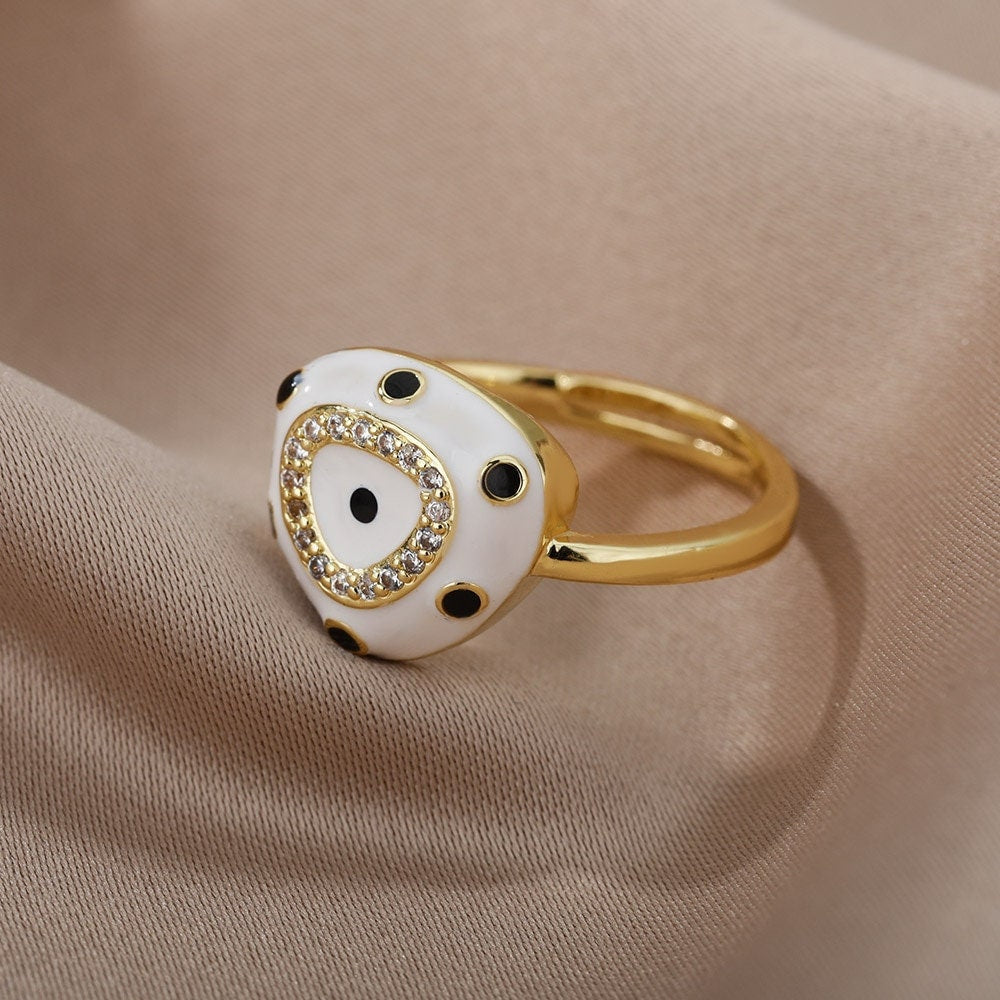Punk Dots Ring, 18K Gold Dots Ring, White Charm Ring, Punk Evil Eye Ring, Punk Fashion Ring for Women, Gift for Her