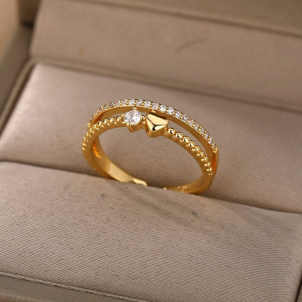 18K Gold Heart Ring, Double Heart Ring, Dainty Heart Ring, Heart Wrap Ring, Heart Fashion Ring for Women, Gift for Her