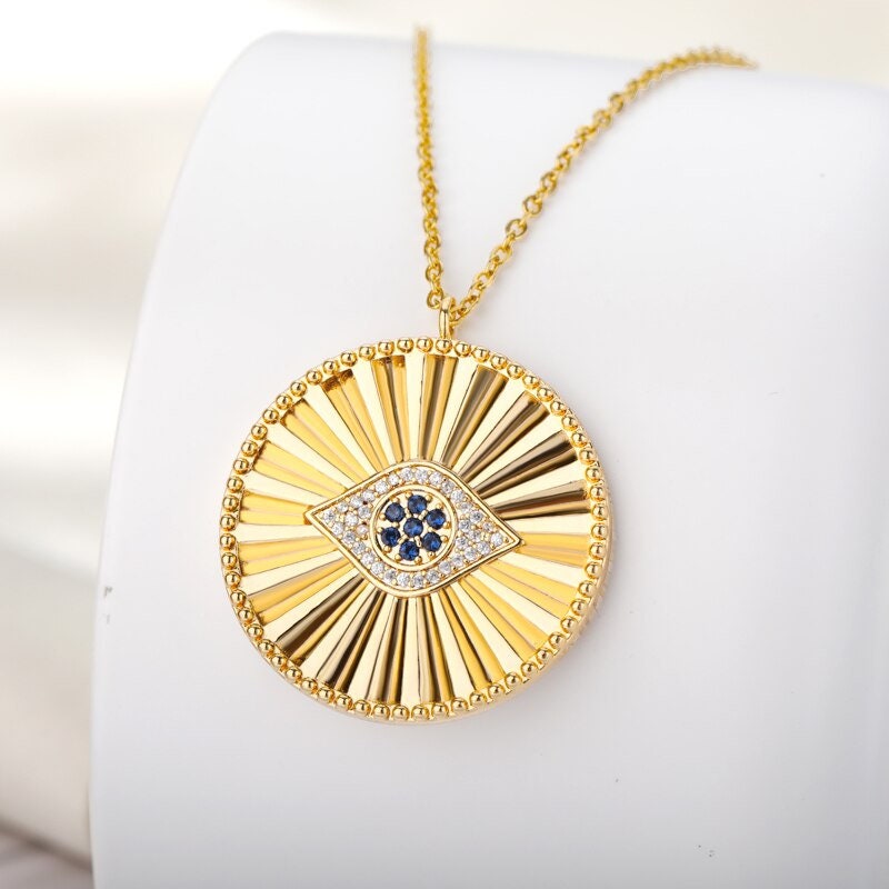 18K Gold Medallion Evil Eye Charm, Gothic Evil Eye Necklace, Gothic Fashion Necklace for Women, Gift for Her