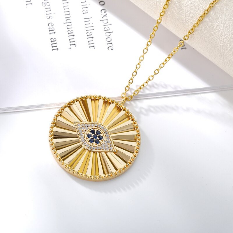 18K Gold Medallion Evil Eye Charm, Gothic Evil Eye Necklace, Gothic Fashion Necklace for Women, Gift for Her